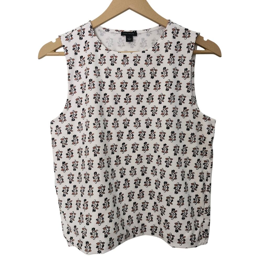 Ann Taylor Sleeveless Crewneck Shell Ivory with Floral Pattern Size Large